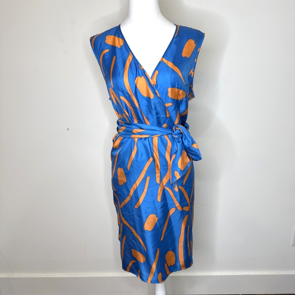 Diane Von Furstenberg DVF 100 Silk Faux Wrap Dress V Neck Sleeveless Old Money M
